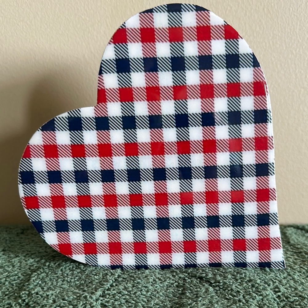 Made in India Plaid Americana Wooden Heart Patriotic Red White & Blue NEW!